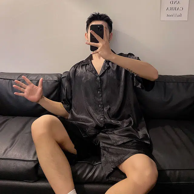 顶瓜瓜 家居男透气竹叶图案轻便简约设计服睡衣套装 男款