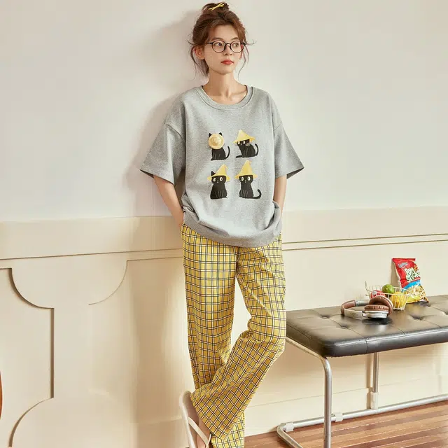 顶瓜瓜 透气简约休闲轻便亲肤家居服睡衣套装 女款