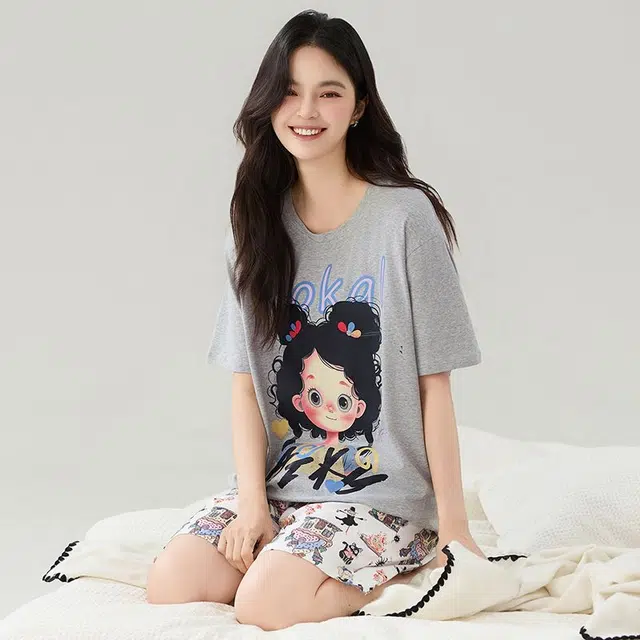 顶瓜瓜 棉质短袖短裤圆领套头可爱卡通女孩家居服夏季睡衣礼盒 女款