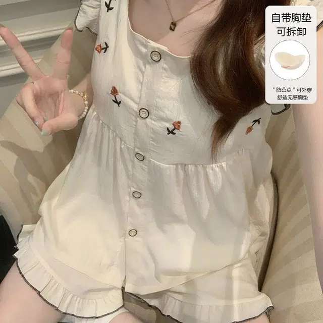 顶瓜瓜 带胸垫夏季女透气舒适休闲宽松家居服睡衣套装 女款