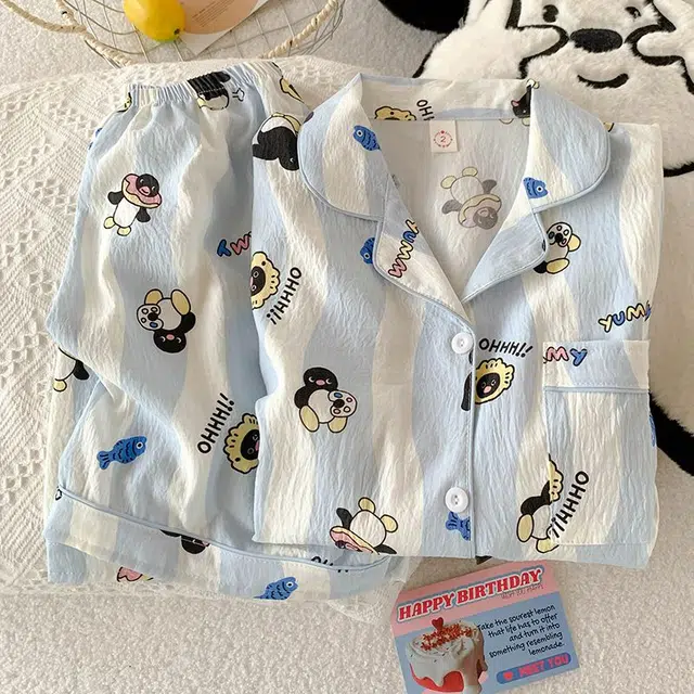 顶瓜瓜 夏季女透气舒适简约设计翻领卡通企鹅图案家居服睡衣套装 女款