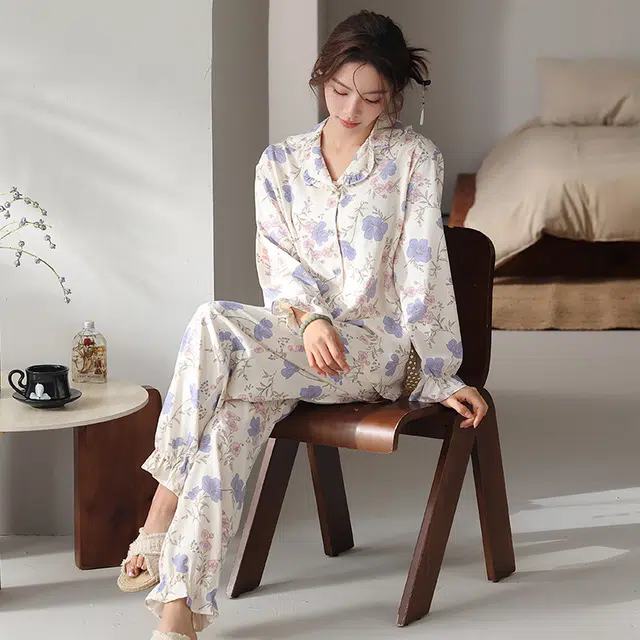 顶瓜瓜 国风长袖长裤休闲甜美舒适花朵家居服睡衣套装 女款