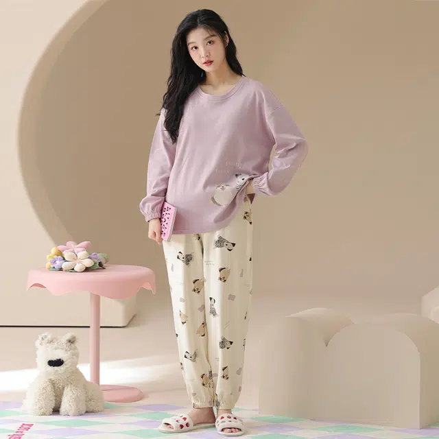 顶瓜瓜 小狗图案带胸垫简约舒适纯棉面料可外穿家居服睡衣套装 女款