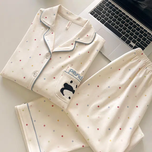 顶瓜瓜 德绒保暖加厚卡通波点熊猫长袖长裤休闲家居服睡衣套装 女款