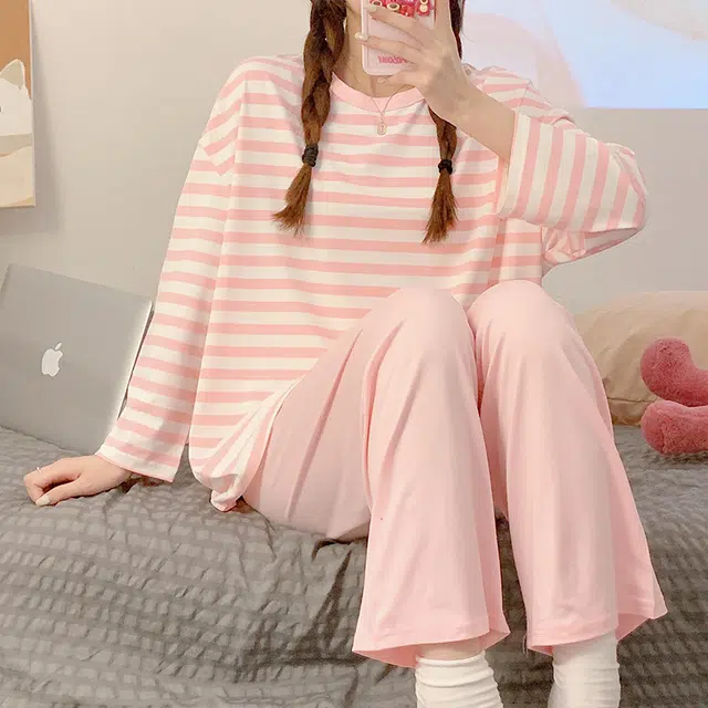 顶瓜瓜 圆领条纹设计简约舒适可外穿家居服睡衣套装 女款