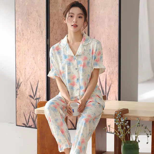 顶瓜瓜 短袖长裤甜美休闲舒适简约家居服睡衣套装 女款