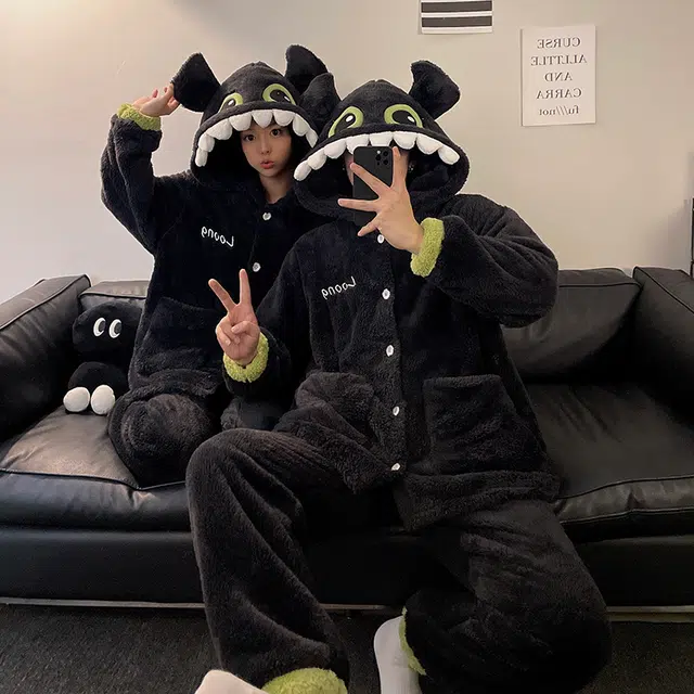 顶瓜瓜 卡通可爱甜美风珊瑚绒保暖加绒加厚连帽秋冬季家居服睡衣套装 男女同款