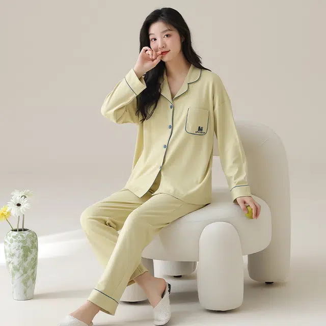 顶瓜瓜 简约舒适亲肤时尚透气休闲居家翻领睡衣套装 女款