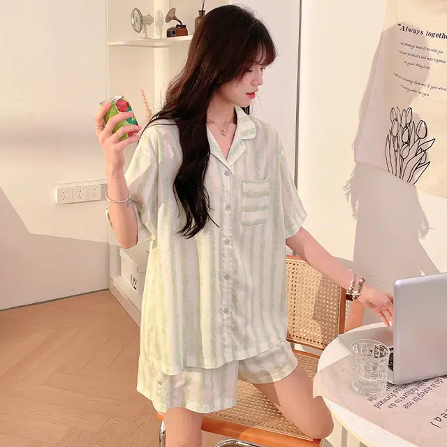 顶瓜瓜 棉质短袖短裤翻领开衫清新条纹两件套家居服夏季睡衣套装 女款