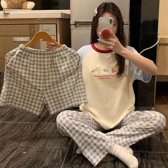 顶瓜瓜 夏季女透气舒适休闲亲肤面料短袖三件套家居服睡衣套装 女款