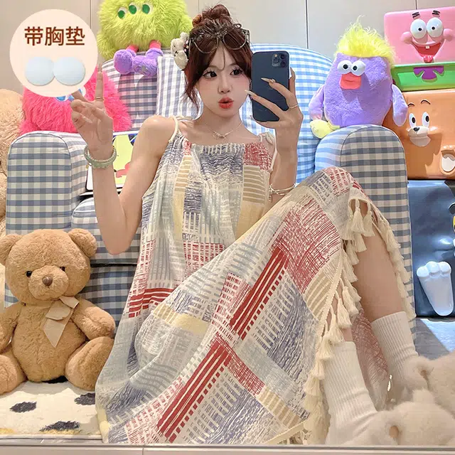 顶瓜瓜 不可拆卸胸垫性感吊带无袖拼接条纹休闲家居服睡裙 女款 图片色