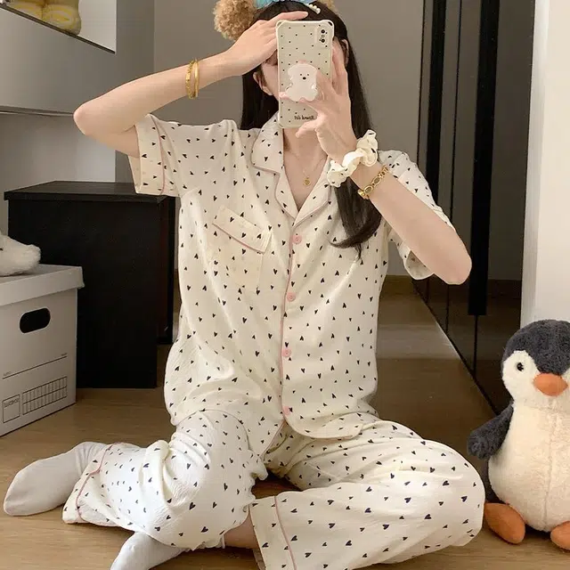 顶瓜瓜 夏季女透气舒适休闲短袖三件套家居服睡衣套装 女款