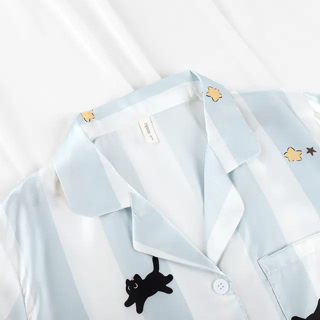 顶瓜瓜 冰丝短袖短裤翻领开衫可爱卡通条纹星星小黑猫凉感休闲三件套家居服夏季睡衣套装 女款