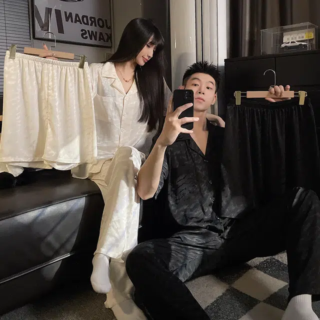 顶瓜瓜 家居简约波浪纹开衫翻领短袖服睡衣礼盒 男女同款