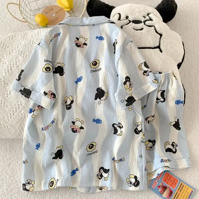 顶瓜瓜 夏季女透气舒适简约设计翻领卡通企鹅图案家居服睡衣套装 女款