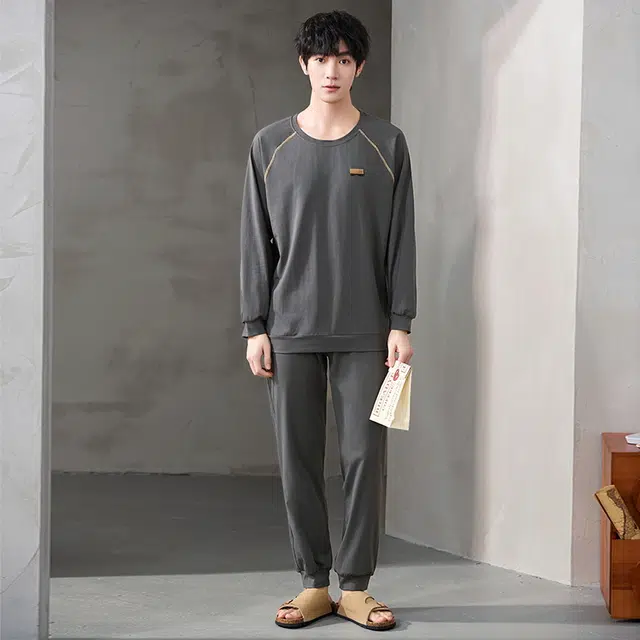 顶瓜瓜 圆领纯棉面料亲肤舒适家居服可外穿睡衣套装 男款