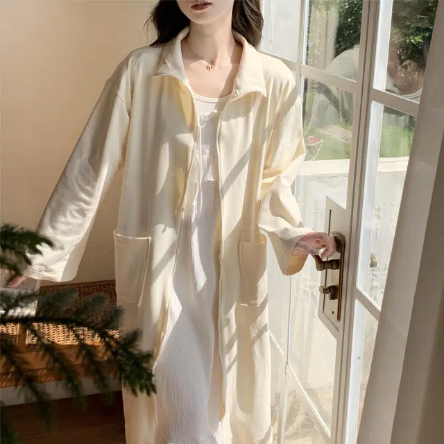 顶瓜瓜 德绒长袖长裙圆领拉链纯色可外穿家居服秋冬季睡裙 女款