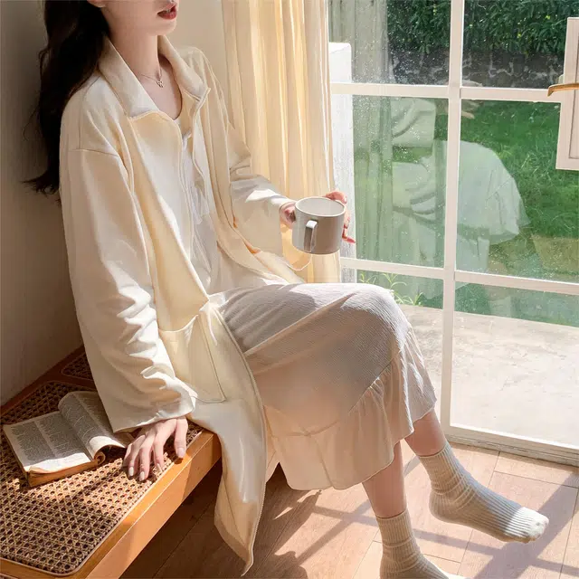 顶瓜瓜 德绒长袖长裙圆领拉链纯色可外穿家居服秋冬季睡裙 女款
