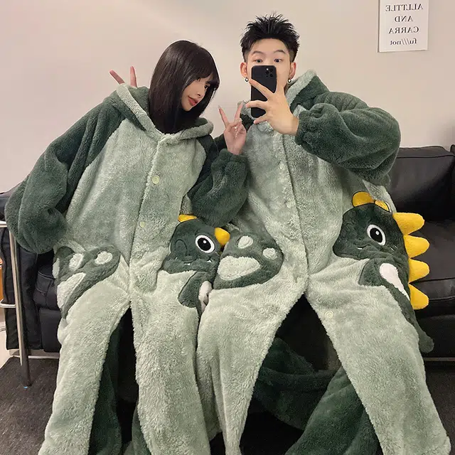 顶瓜瓜 冬季可爱恐龙时尚甜美风珊瑚绒加绒加厚保暖连帽休闲舒适家居服睡衣套装 男女同款