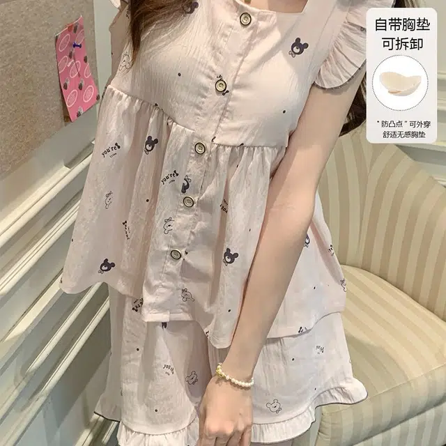 顶瓜瓜 带胸垫夏季女舒适休闲宽松家居服睡衣套装 女款