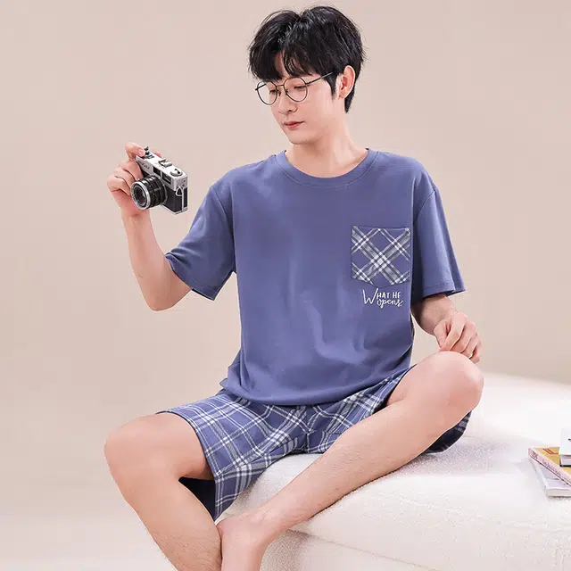 顶瓜瓜 简约舒适短袖可外穿家居服五分裤睡衣套装 男款