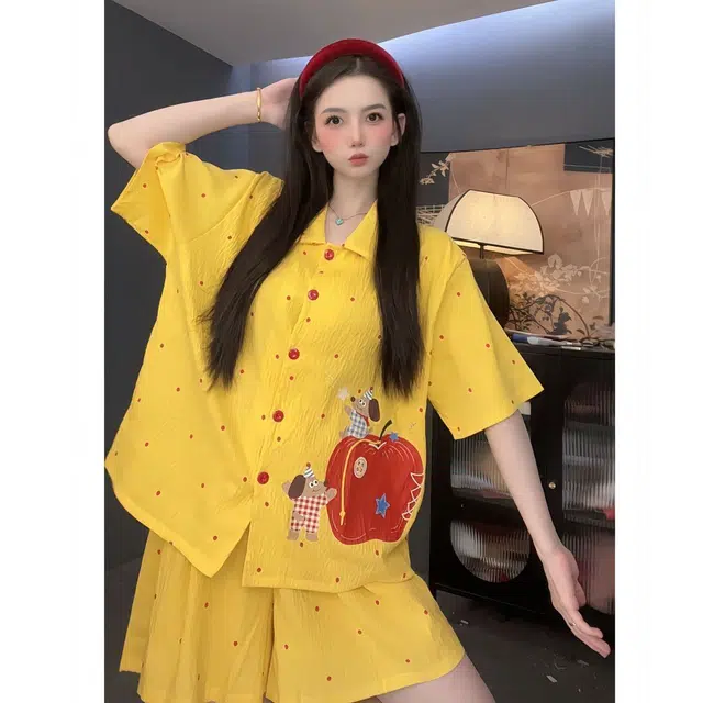 顶瓜瓜 透气舒适简约设计可爱卡通苹果家居服睡衣套装 女款