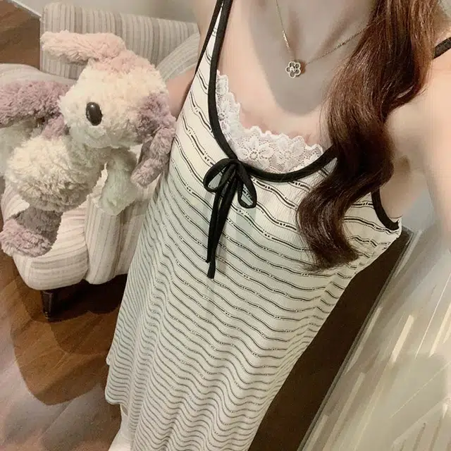 顶瓜瓜 莫代尔棉带胸垫性感吊带长裙圆领套头条纹花边简约舒适休闲家居服夏季睡裙 女款