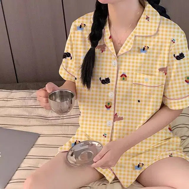 顶瓜瓜 夏季女透气舒适休闲可外穿短袖家居服睡衣套装 女款