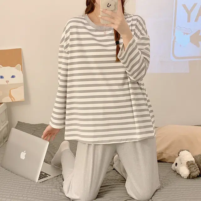 顶瓜瓜 圆领条纹图案设计简约舒适可外穿家居服睡衣套装 女款