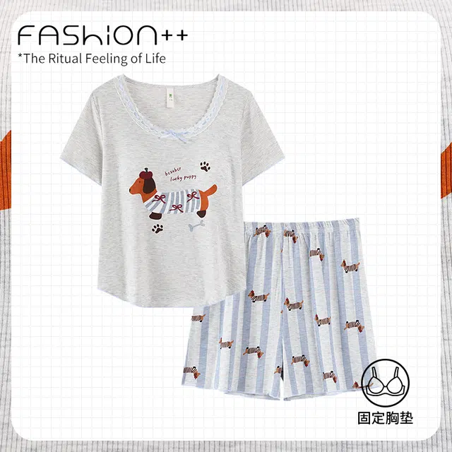 顶瓜瓜 轻便透气舒适亲肤短袖两件套简约款式家居服睡衣套装 女款