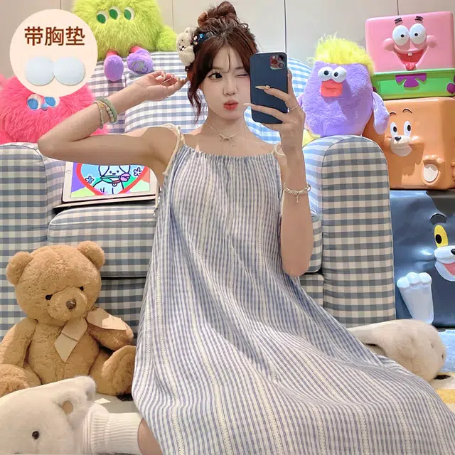 顶瓜瓜 带胸垫性感无袖吊带条纹休闲家居服睡裙 女款 图片色