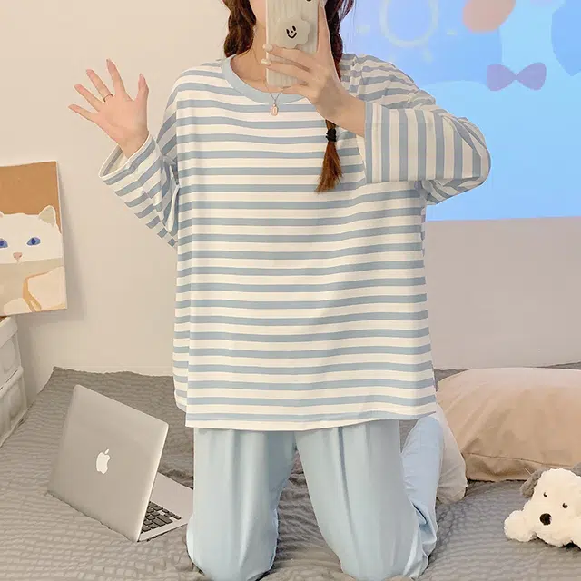 顶瓜瓜 圆领条纹简约舒适可外穿家居服睡衣套装 女款
