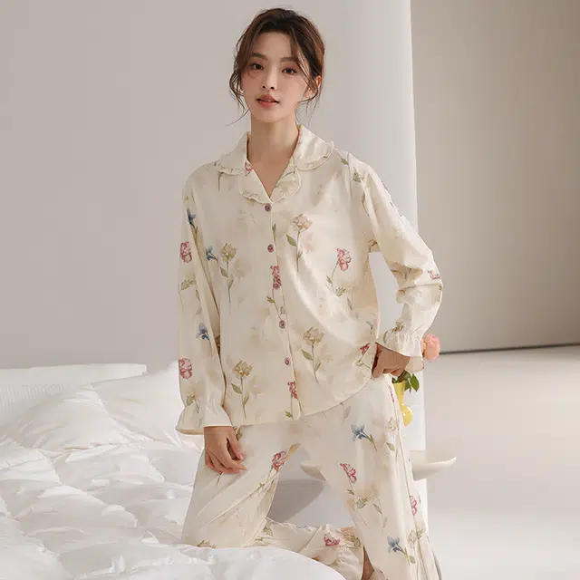 顶瓜瓜 国风长袖长裤休闲舒适花边家居服睡衣套装 女款