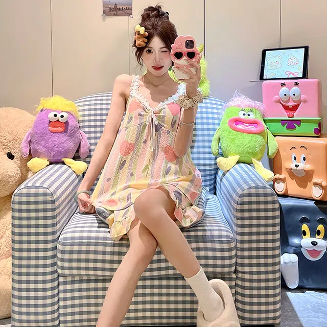 顶瓜瓜 带胸垫性感纯欲风甜美爱心无袖三分裤夏季睡衣套装 女款 图片色