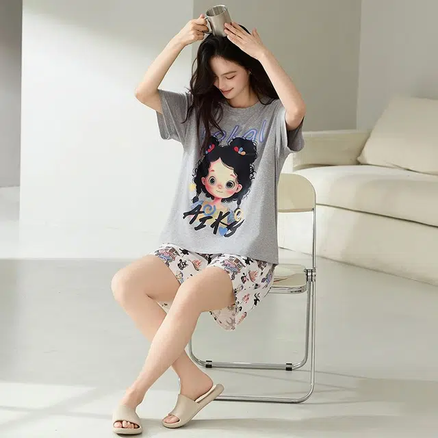 顶瓜瓜 棉质短袖短裤圆领套头可爱卡通女孩家居服夏季睡衣礼盒 女款