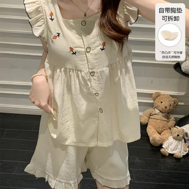 顶瓜瓜 带胸垫夏季女透气舒适休闲宽松家居服睡衣套装 女款