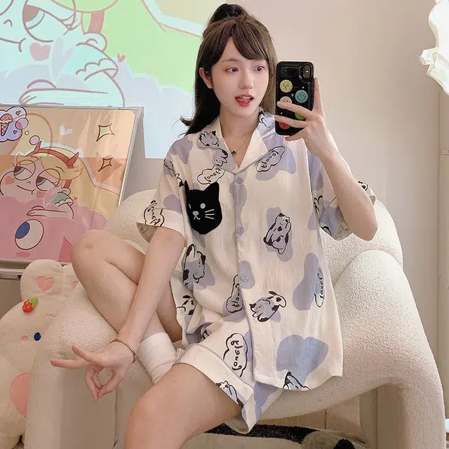 顶瓜瓜 短袖短裤翻领开衫可爱卡通小猫色块两件套家居服夏季睡衣套装 女款