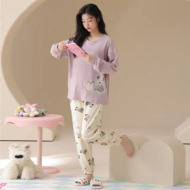 顶瓜瓜 小狗图案带胸垫简约舒适纯棉面料可外穿家居服睡衣套装 女款