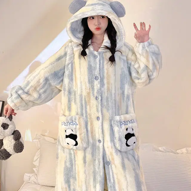 顶瓜瓜 珊瑚绒保暖加绒加厚长袖长裤连帽纯色条纹熊猫家居服冬季睡衣套装 女款