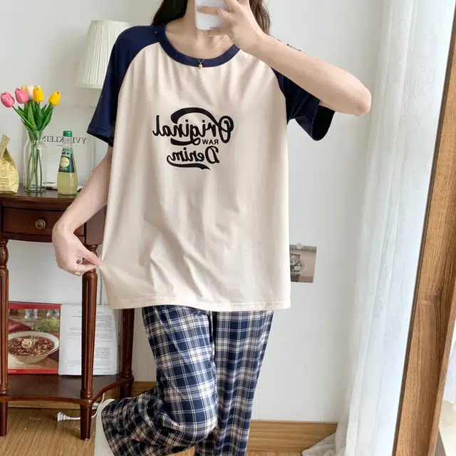 顶瓜瓜 夏季女透气简约休闲高级感短袖长裤家居服睡衣套装 女款