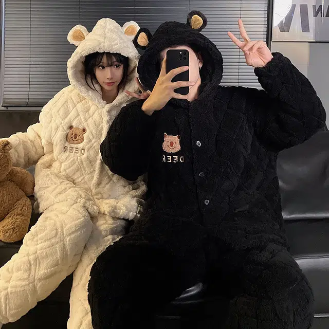 顶瓜瓜 冬季可爱小熊甜美风三层夹棉加绒加厚保暖连帽休闲舒适家居服睡衣套装 男女同款