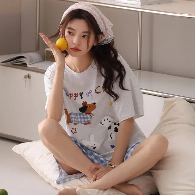 顶瓜瓜 夏季女简约设计舒适亲肤圆领短袖短裤家居服睡衣礼盒 女款