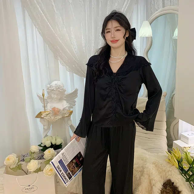 顶瓜瓜 冰丝面料黑色配色简约舒适可外穿家居服睡衣套装 女款