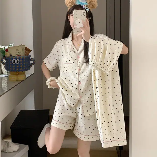 顶瓜瓜 夏季女透气舒适休闲短袖三件套家居服睡衣套装 女款