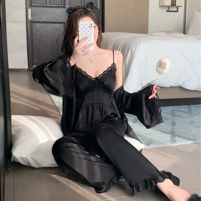 顶瓜瓜 性感冰丝吊带长袖长裤开衫简约舒适可外穿家居服睡衣套装 女款
