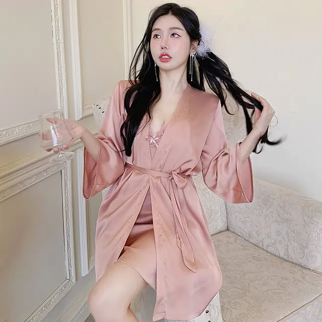 顶瓜瓜 粉色冰丝面料简约舒适带胸垫可外穿睡衣套装 女款