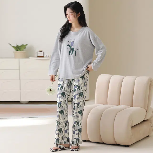 顶瓜瓜 简约舒适带胸垫纯棉面料可外穿家居服睡衣套装 女款