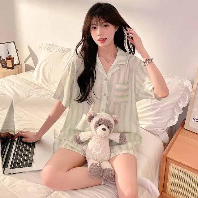 顶瓜瓜 棉质短袖短裤翻领开衫清新条纹两件套家居服夏季睡衣套装 女款