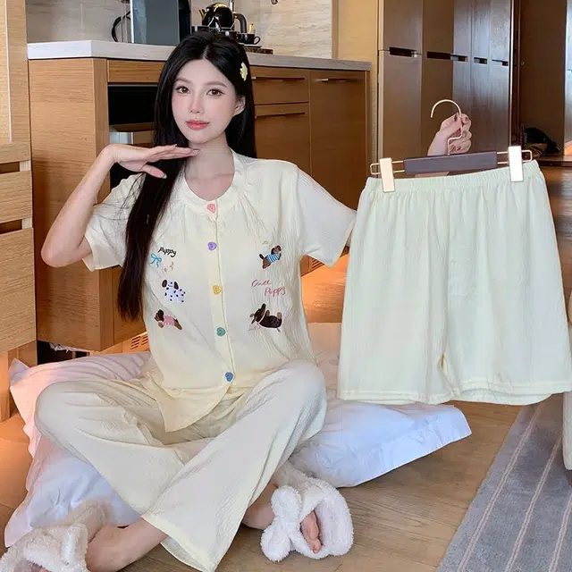 顶瓜瓜 家居女黄小狗印花简约休闲风可外穿短袖三件套服睡衣礼盒 女款