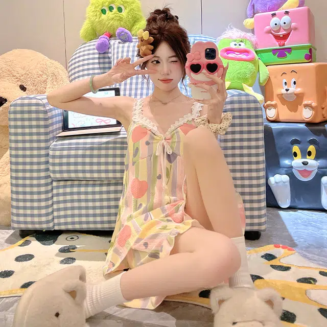 顶瓜瓜 带胸垫性感纯欲风甜美爱心无袖三分裤夏季睡衣套装 女款 图片色